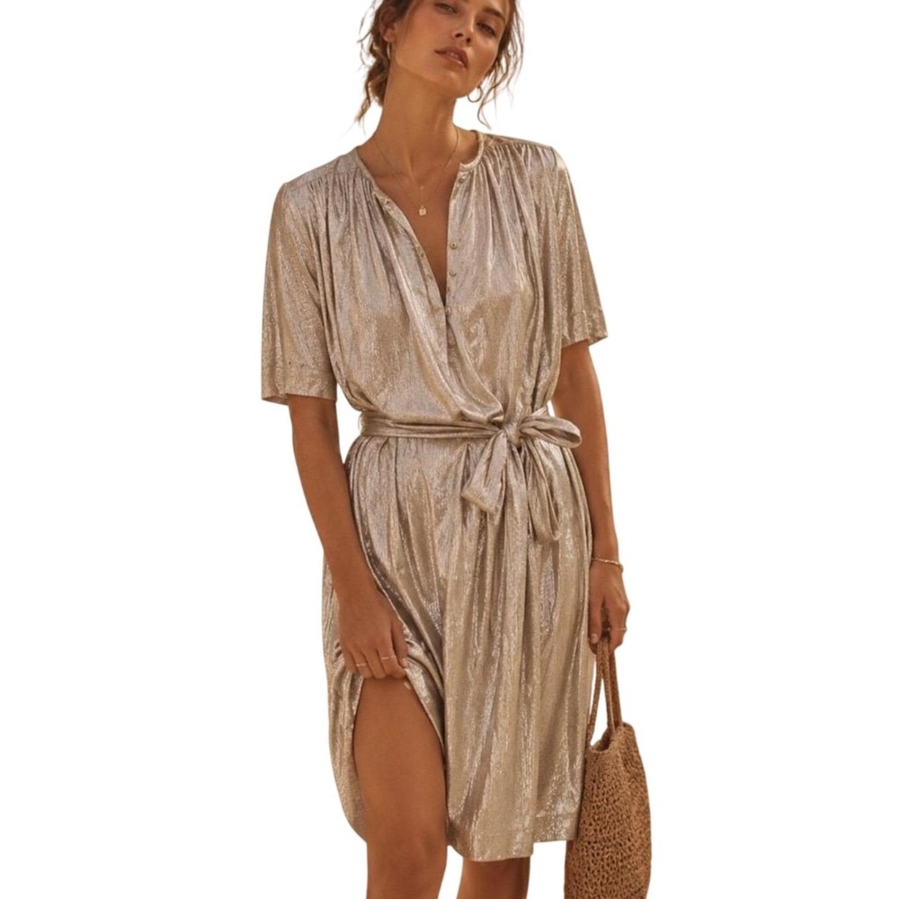 Sabina Musayev Metallic Gold Belted Tunic Dress Top Short Sleeve Shimmer Size M